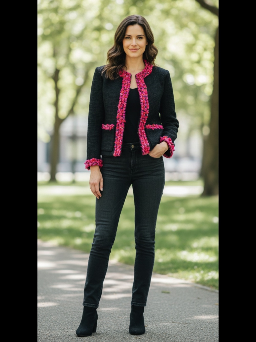kate spade Black Bouclé Jacket with Pink Trim